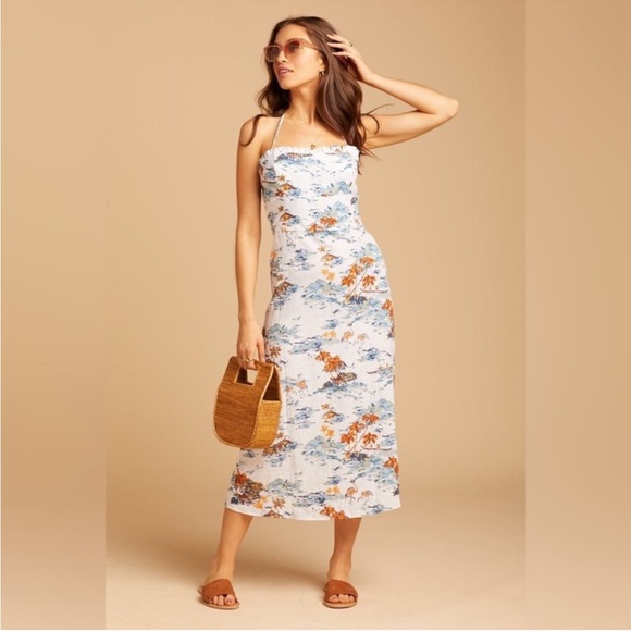 Free People Dresses & Skirts - Free People Beach Party Midi Sundress Tropical Island White Linen Blue Dress 4